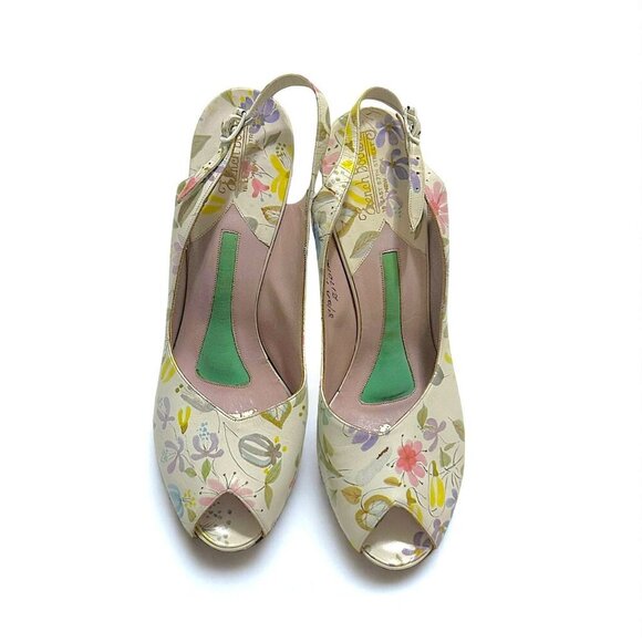 Vintage French Bootery 1950s Floral Leather Peep Toe Slingback Heels –Size 8.5B - Picture 4 of 15